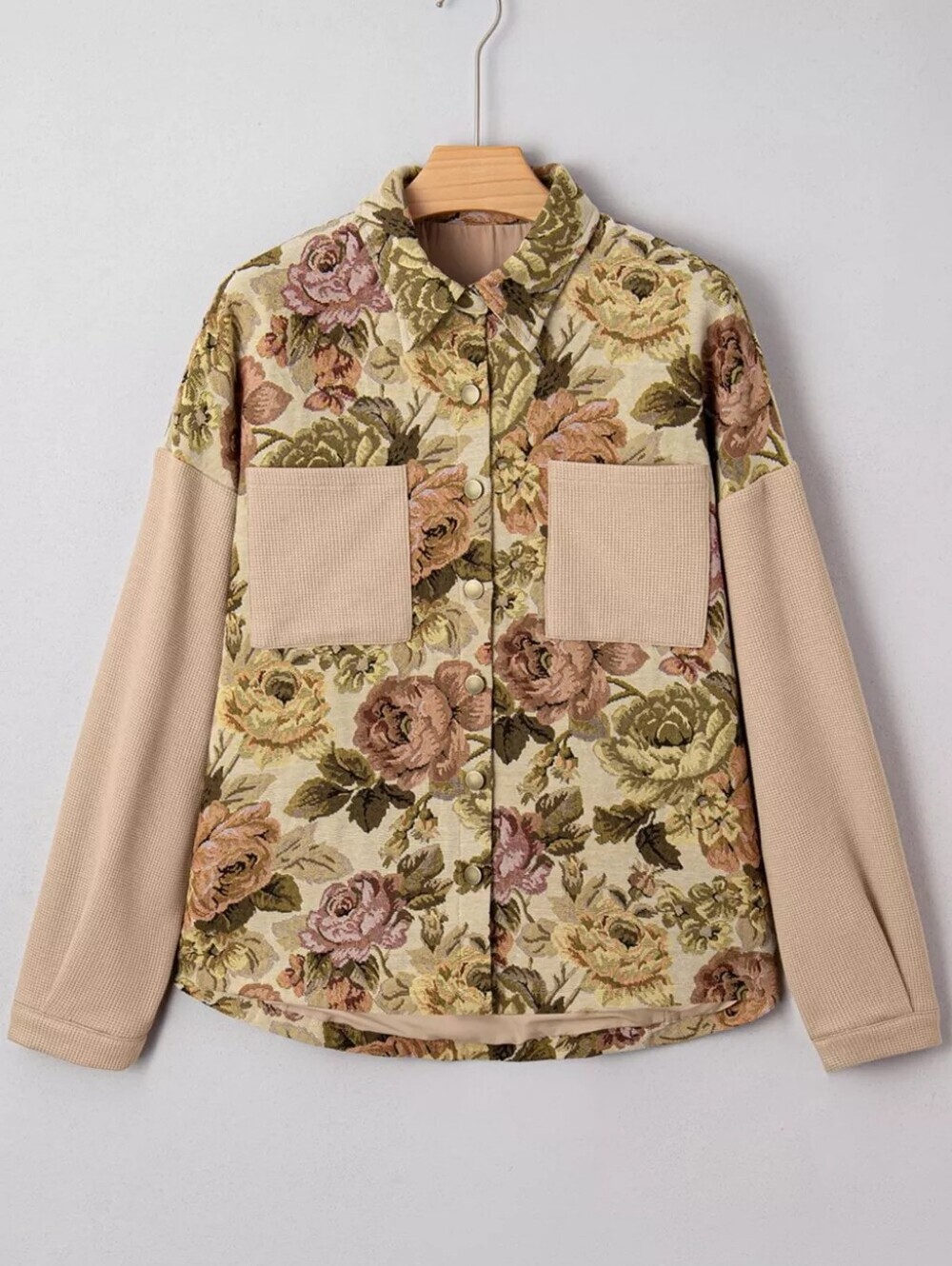 Floral Waffle Knit Patchwork Chest Pockets Buttoned Jacket - Picture 5 of 13
